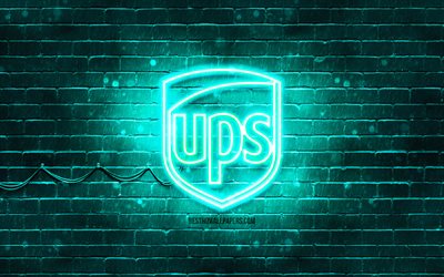 UPS turquoise logo, 4k, turquoise brickwall, UPS logo, brands, UPS neon logo, UPS