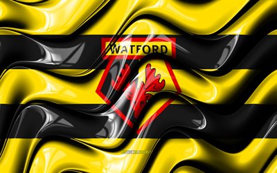 Watford FC flag, 4k, yellow and black 3D waves, Premier League, english football club, football, Watford FC logo, Watford FC, soccer