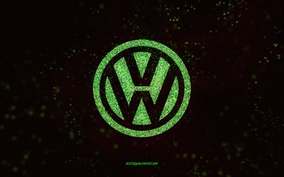 Logo à paillettes Volkswagen, 4k, fond noir, logo Volkswagen, art pailletés verts, Volkswagen, art créatif, logo à paillettes vertes Volkswagen