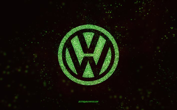 Logo &#224; paillettes Volkswagen, 4k, fond noir, logo Volkswagen, art paillet&#233;s verts, Volkswagen, art cr&#233;atif, logo &#224; paillettes vertes Volkswagen