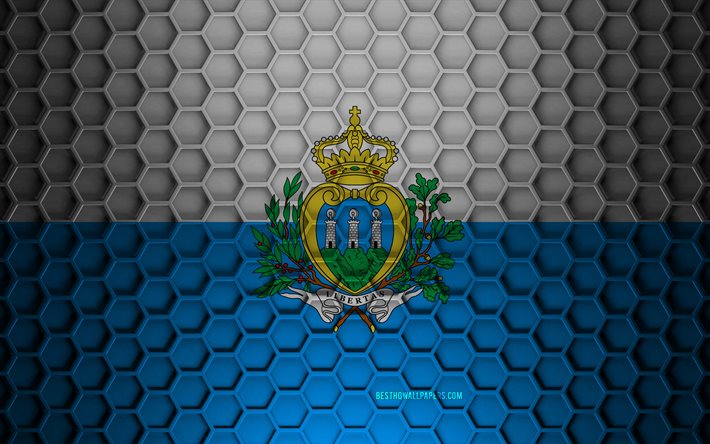 Drapeau de Saint-Marin, texture hexagones 3D, Saint-Marin, texture 3D, drapeau 3D de Saint-Marin, texture m&#233;tallique, drapeau de Saint-Marin