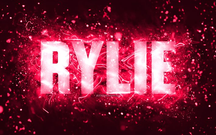 Joyeux anniversaire Rylie, 4k, n&#233;on rose, nom Rylie, cr&#233;atif, Rylie Joyeux anniversaire, Rylie anniversaire, noms f&#233;minins am&#233;ricains populaires, photo avec le nom Rylie, Rylie