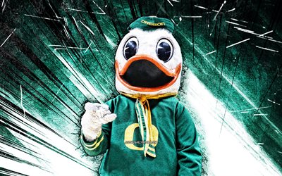4k, The Oregon Duck, arte grunge, mascote, Oregon Ducks, NCAA, raios abstratos verdes, mascote do Oregon Ducks, mascotes da NCAA, mascote oficial, mascote do Pato de Oregon