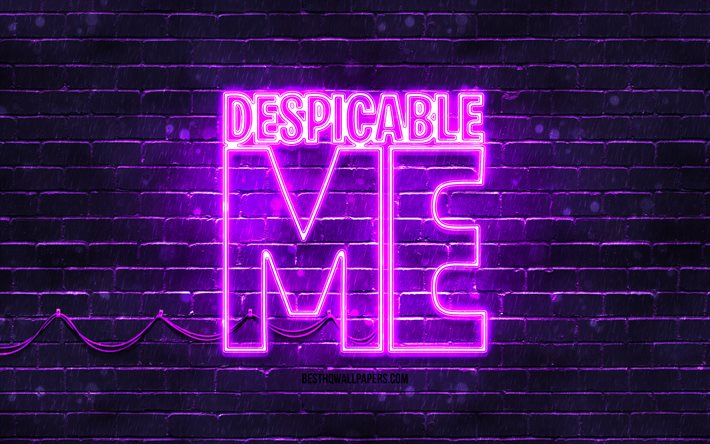 Despicable Me menekşe logosu, 4k, menekşe tuğla duvar, Despicable Me logosu, minyonlar, Despicable Me neon logosu, Despicable Me