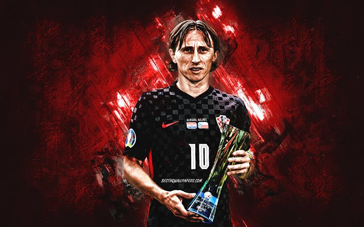 Luka Modric, Croatian national football team, portrait, Modric art, red stone background, football, Croatia