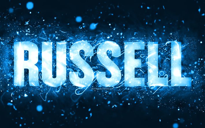 Feliz Anivers&#225;rio Russell, 4k, luzes azuis de neon, nome Russell, criativo, Russell Feliz Anivers&#225;rio, Russell Birthday, nomes masculinos americanos populares, foto com o nome Russell, Russell