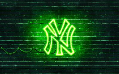 Logo vert des Yankees de New York, 4k, mur de briques vertes, logo des Yankees de New York, &#233;quipe de baseball am&#233;ricaine, logo n&#233;on des Yankees de New York, Yankees de New York