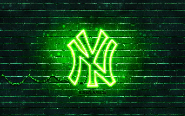 New York Yankees yeşil logosu, 4k, yeşil tuğla duvar, New York Yankees logosu, Amerikan beyzbol takımı, New York Yankees neon logosu, NY Yankees, New York Yankees