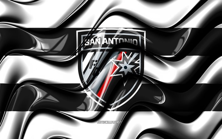 San Antonio FC flag, 4k, white and black 3D waves, USL, american soccer team, San Antonio FC logo, football, soccer, San Antonio FC