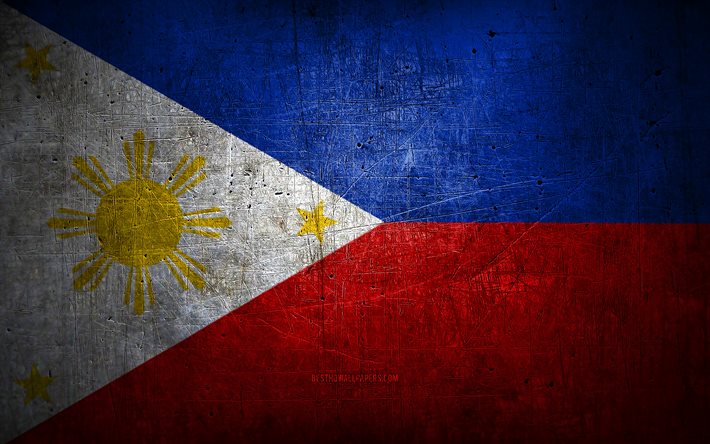 Philippines metal flag, grunge art, asian countries, Day of Philippines, national symbols, Philippines flag, metal flags, Flag of Philippines, Asia, Philippines