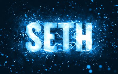 Happy Birthday Seth, 4k, blue neon lights, Seth name, creative, Seth Happy Birthday, Seth Birthday, popular american male names, picture with Seth name, Seth