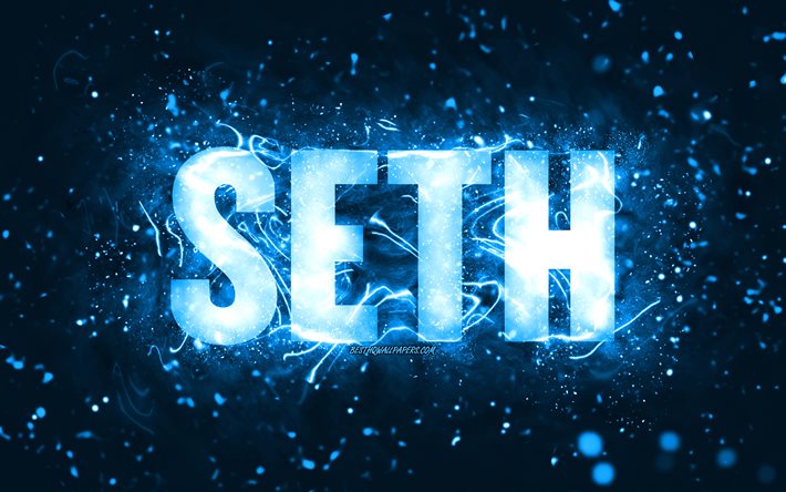 Feliz anivers&#225;rio Seth, 4k, luzes de n&#233;on azuis, nome Seth, criativo, Seth Feliz anivers&#225;rio, Seth Birthday, nomes masculinos americanos populares, imagem com o nome Seth, Seth