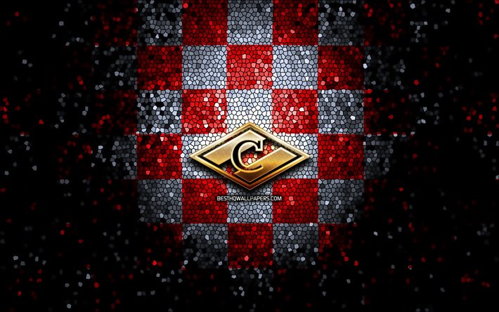 HC Spartak Moskova, parıltılı logo, KHL, kırmızı beyaz damalı arka plan, hokey, Kontinental Hokey Ligi, HC Spartak Moskova logosu, mozaik sanatı, rus hokey takımı, Spartak Moskova
