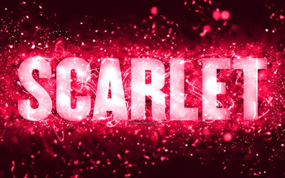 Grattis p&#229; f&#246;delsedagen Scarlet, 4k, rosa neonljus, Scarlet -namn, kreativt, Scarlet Grattis p&#229; f&#246;delsedagen, Scarlet Birthday, popul&#228;ra amerikanska kvinnliga namn, bild med Scarlet -namn, Scarlet