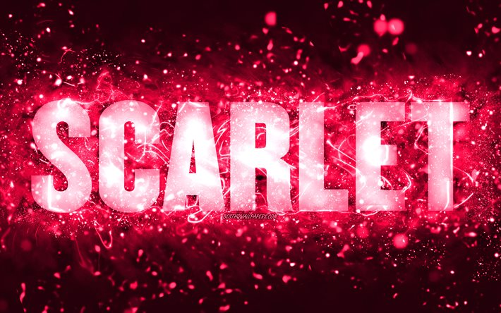 Hyv&#228;&#228; syntym&#228;p&#228;iv&#228;&#228; Scarlet, 4k, vaaleanpunaiset neonvalot, Scarlet -nimi, luova, Scarlet Happy Birthday, Scarlet Birthday, suosittu amerikkalainen naisten nimi, kuva Scarlet -nimell&#228;, Scarlet