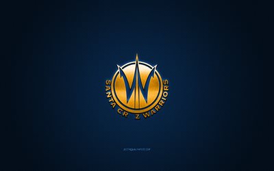 サンタクルーズウォリアーズ, アメリカのバスケットボールクラブ, 青いロゴ, 青い炭素繊維の背景, NBAGリーグ, バスケットボール, California, 米国, サンタクルーズウォリアーズのロゴ