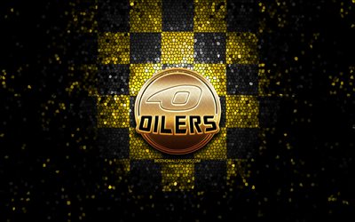 HC Stavanger Oilers, logotipo com glitter, Fjordkraft-ligaen, fundo amarelo preto xadrez, h&#243;quei, Eliteserien, time de h&#243;quei noruegu&#234;s, logotipo Stavanger Oilers, arte em mosaico, Stavanger Oilers, Noruega, Stavanger Ishockeyklubb