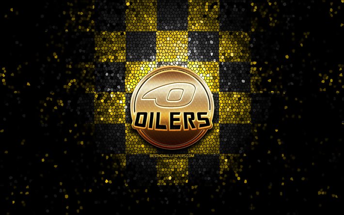 HC Stavanger Oilers, glitter logo, Fjordkraft-ligaen, yellow black checkered background, hockey, Eliteserien, norwegian hockey team, Stavanger Oilers logo, mosaic art, Stavanger Oilers, Norway, Stavanger Ishockeyklubb