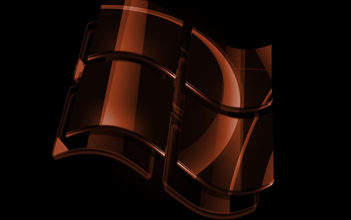 4k, logo marron Windows, arrière-plans marron, système d'exploitation, logo en verre Windows, illustration, logo Windows 3D, Windows