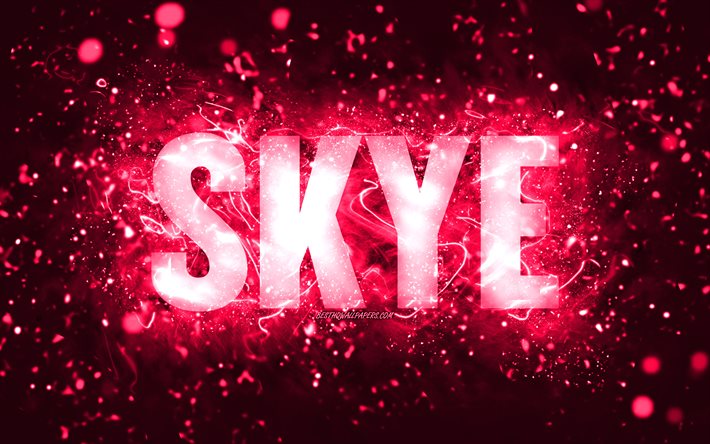 Joyeux anniversaire Skye, 4k, n&#233;ons roses, nom de Skye, cr&#233;atif, joyeux anniversaire de Skye, anniversaire de Skye, noms f&#233;minins am&#233;ricains populaires, photo avec le nom de Skye, Skye