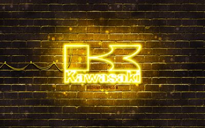 Logo giallo Kawasaki, 4k, muro di mattoni giallo, logo Kawasaki, marchi motociclistici, logo neon Kawasaki, Kawasaki