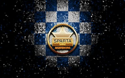 HC Sparta Sarpsborg, parıltılı logo, Fjordkraft-ligaen, mavi beyaz damalı arka plan, hokey, Eliteserien, norve&#231; hokey takımı, Sparta Sarpsborg logosu, mozaik sanatı, Sparta Sarpsborg, Norve&#231;, Sparta Sarpsborg Ishockey