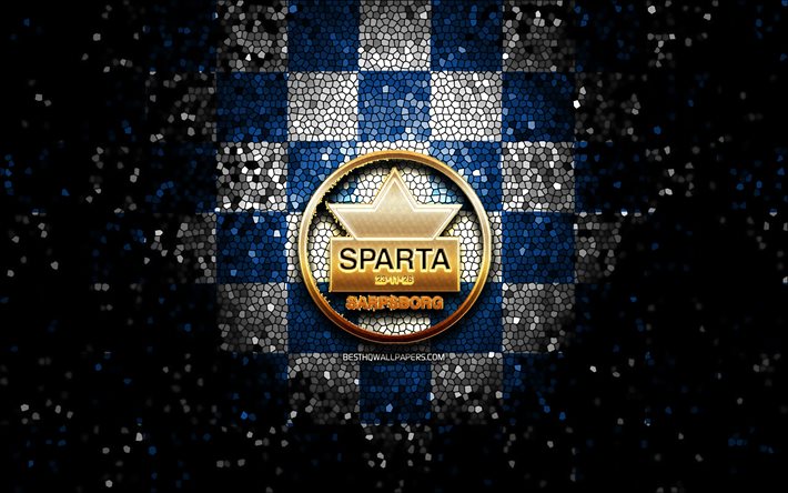 HC Sparta Sarpsborg, glitter-logo, Fjordkraft-ligaen, sininen valkoinen ruudullinen tausta, j&#228;&#228;kiekko, Eliteserien, norjalainen j&#228;&#228;kiekkojoukkue, Sparta Sarpsborg -logo, mosaiikkitaide, Sparta Sarpsborg, Norja, Sparta Sarpsborg Ishocke