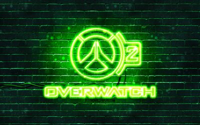 Overwatch 2 green logo, 4k, green brickwall, Overwatch 2 logo, games brands, Overwatch 2 neon logo, Overwatch 2