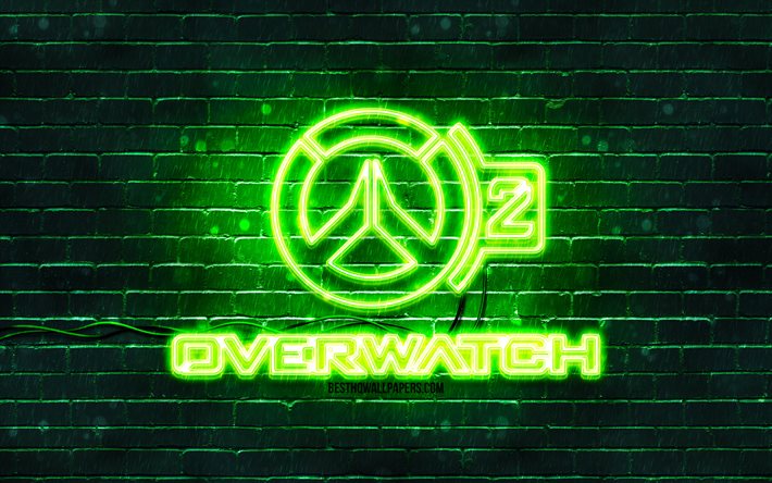 overwatch 2 gr&#252;nes logo, 4k, gr&#252;ne ziegelmauer, overwatch 2 logo, spielemarken, overwatch 2 neonlogo, overwatch 2