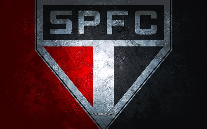 Sao Paulo FC, brasiliansk fotbollslag, r&#246;d bakgrund, Sao Paulo FC -logotyp, grungekonst, Serie A, Brasilien, fotboll, Sao Paulo FC -emblem