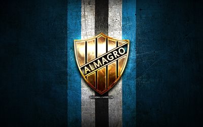 club almagro fc, goldenes logo, primera nacional, blauer metallhintergrund, fu&#223;ball, argentinischer fu&#223;ballverein, club almagro-logo, almagro cf, argentinien, almagro fc