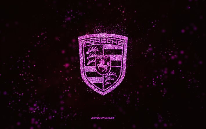 Porsche glitter logo, 4k, black background, Porsche logo, pink glitter art, Porsche, creative art, Porsche pink glitter logo