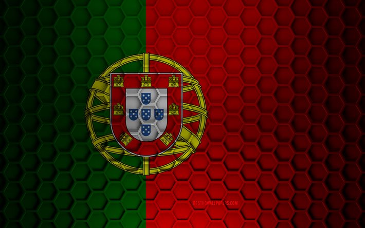 Portugal flag, 3d hexagons texture, Portugal, 3d texture, Portugal 3d flag, metal texture, flag of Portugal