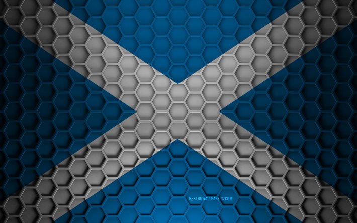 Skottlands flagga, 3d hexagons textur, Skottland, 3d textur, Skottland 3d flagga, metall textur, flagga av Skottland