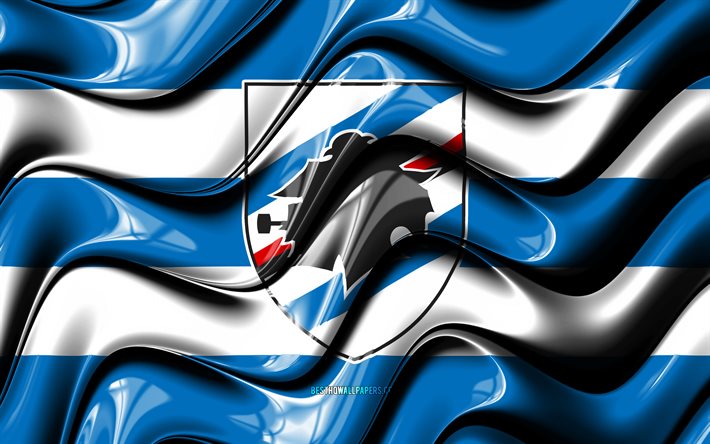 Sampdoria FC -lippu, 4k, sinivalkoiset 3D -aallot, Serie A, italialainen jalkapalloseura, UC Sampdoria, jalkapallo, Sampdoria FC -logo, Sampdoria FC