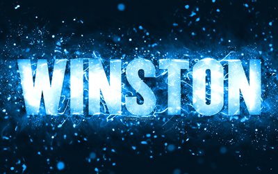 Happy Birthday Winston, 4k, blue neon lights, Winston name, creative, Winston Happy Birthday, Winston Birthday, popular american male names, picture with Winston name, Winston