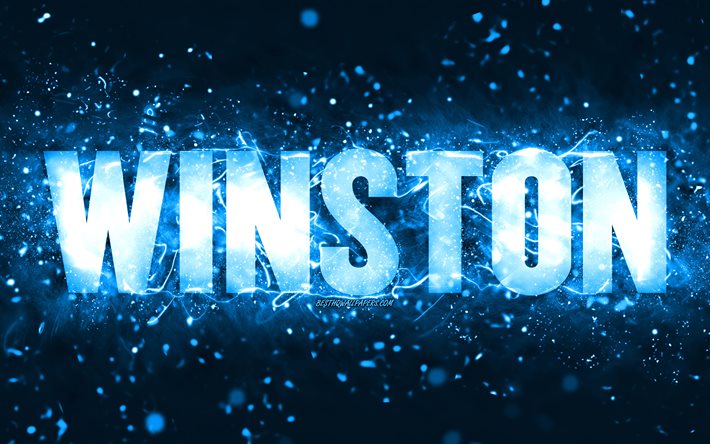 お誕生日おめでとうウィンストン, 4k, 青いネオンライト, ウィンストン名, creative クリエイティブ, ウィンストンお誕生日おめでとう, ウィンストンの誕生日, 人気のあるアメリカ人男性の名前, ウィンストンの名前の写真, Winston