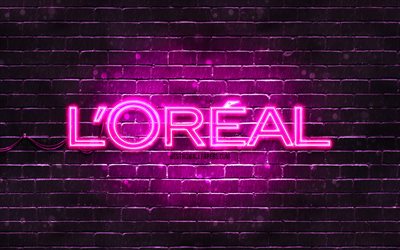 Loreal purple logo, 4k, purple brickwall, Loreal logo, brands, Loreal neon logo, Loreal