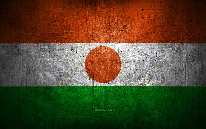 Niger metallflagga, grungekonst, afrikanska l&#228;nder, Nigers dag, nationella symboler, Niger flagga, metall flaggor, Afrika, Niger