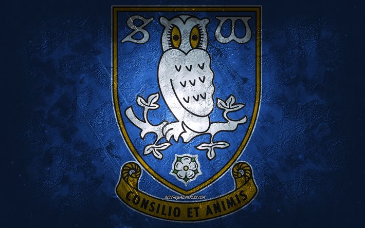 シェフィールドウェンズデーFC, イギリスのサッカーチーム, 青い背景, シェフィールドウェンズデーFCロゴ, グランジアート, EFLチャンピオンシップ, サウスヨークシャー, フットボール。, イギリス, シェフィールド水曜日FCエンブレム