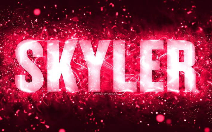 Joyeux anniversaire Skyler, 4k, n&#233;ons roses, nom Skyler, cr&#233;atif, joyeux anniversaire Skyler, anniversaire Skyler, noms f&#233;minins am&#233;ricains populaires, photo avec le nom Skyler, Skyler