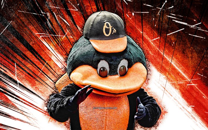 4k, Oriole Bird, grunge sanat, maskot, Baltimore Orioles, HABERLER, Baltimore Orioles maskotu, MLB maskotları, turuncu soyut ışınları, resmi maskotu, Oriole Bird maskotu