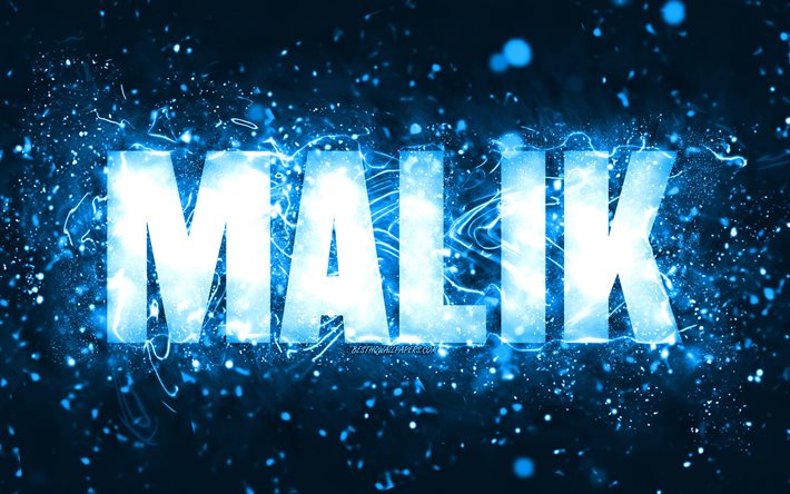 Buon Compleanno Malik, 4k, luci al neon blu, nome Malik, creativo, Malik Buon Compleanno, Compleanno Malik, nomi maschili americani popolari, foto con nome Malik, Malik
