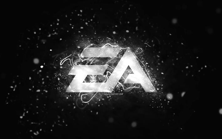 EA GAMES beyaz logo, 4k, Electronic Arts, beyaz neon ışıklar, yaratıcı, siyah soyut arka plan, EA GAMES logosu, &#231;evrimi&#231;i oyunlar, EA GAMES