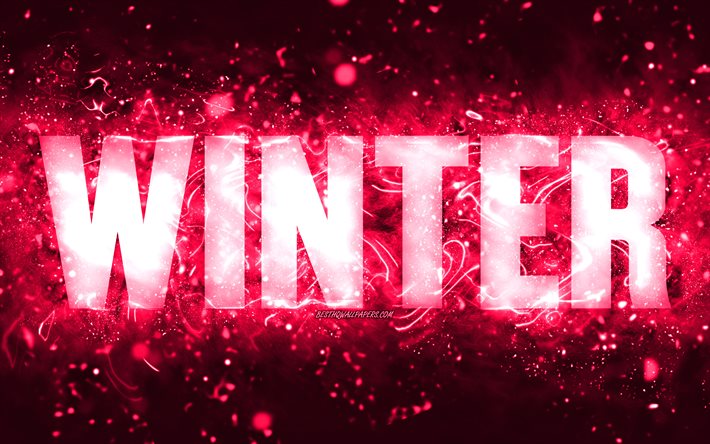 Happy Birthday Winter, 4k, pink neon lights, Winter name, creative, Winter Happy Birthday, Winter Birthday, popular american female names, picture with Winter name, Winter