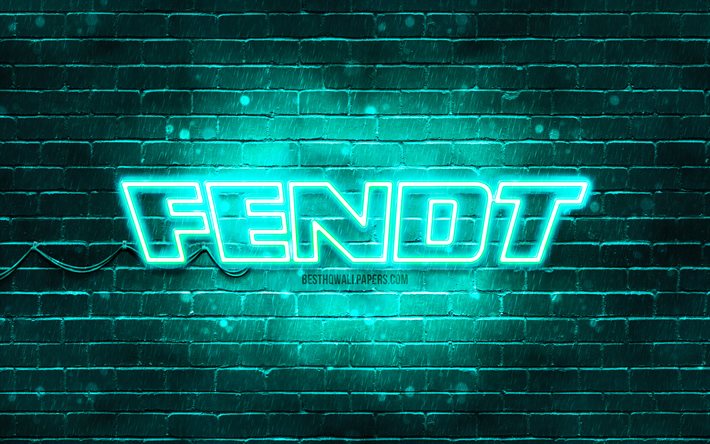 Fendt turkoosi logo, 4k, turkoosi tiilisein&#228;, Fendt -logo, merkit, Fendt -neonlogo, Fendt