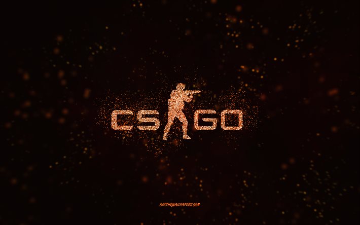 Logotipo com glitter CS GO, fundo preto, logotipo CS GO, Counter-Strike, arte com glitter laranja, CS GO, arte criativa, logotipo com glitter laranja CS GO, Counter-Strike Global Offensive
