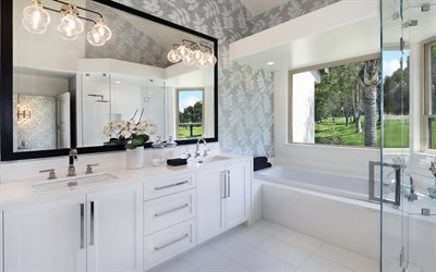 tyylik&#228;s kylpyhuone, moderni sisustus, klassinen tyyli, kylpyhuone, valkoiset huonekalut kylpyhuoneessa, tyylik&#228;s sisustus