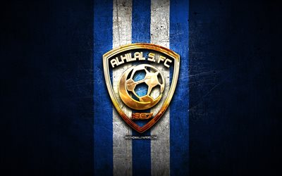 Al Hilal FC, altın logo, Suudi Profesyonel Ligi, mavi metal arka plan, futbol, Al Hilal, Suudi Futbol Kul&#252;b&#252;, Al Hilal logo, Al Hilal SFC
