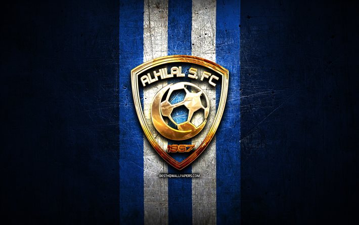 Al Hilal FC, logotipo dourado, Liga Profissional da Ar&#225;bia, fundo de metal azul, futebol, Al Hilal, clube de futebol saudita, logotipo do Al Hilal, Al Hilal SFC